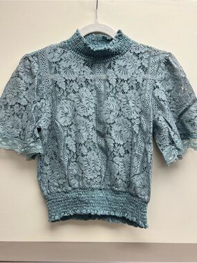 Peach Couture Dusty Blue Lace Smocked Mock-Neck Blouse